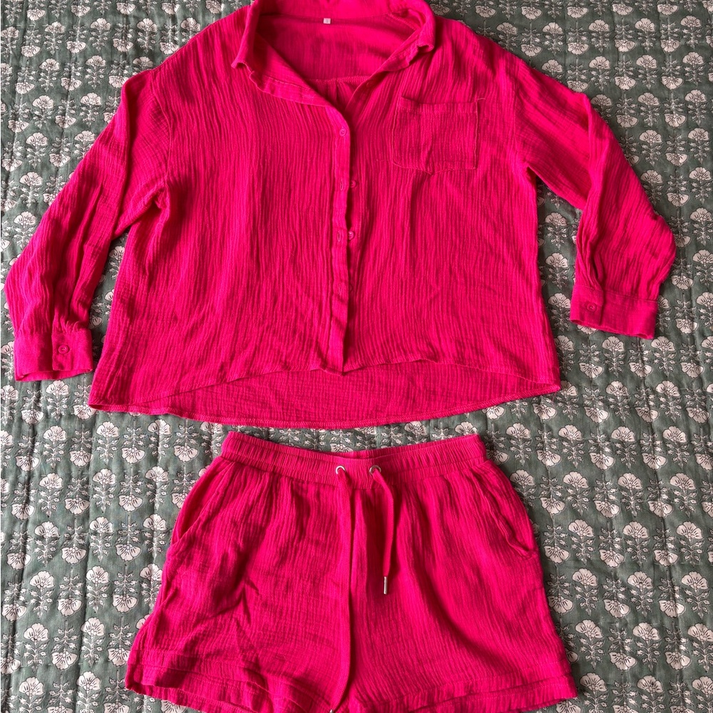 Vibrant Pink Button-Up Shirt and Shorts Set